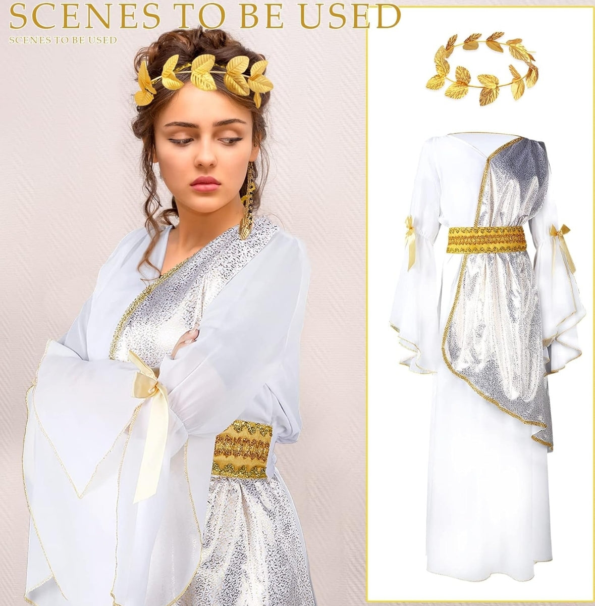 Open Box Geyoga 2 Pcs Greek Goddess Costume Toga Costume Women Halloween Greek Dress with Roman Crown Leaf Wreath