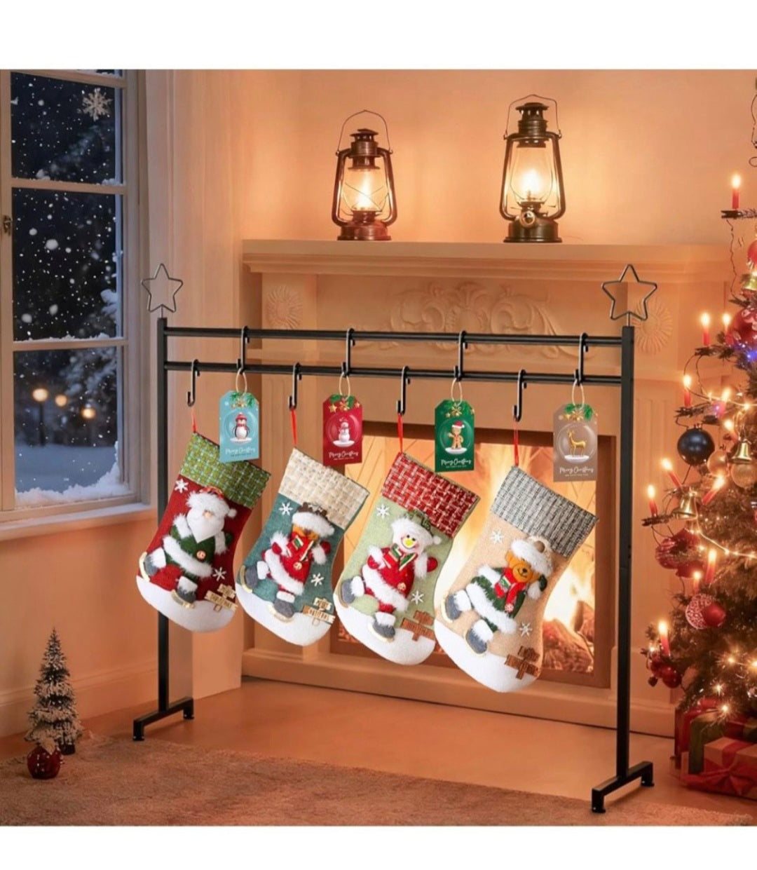 Asxevn Christmas Stocking Holder Stand with 4 Stockings, Metal freestanding Christmas Stocking Hanger with 8 Hooks, Christmas Decorative Gift, Black