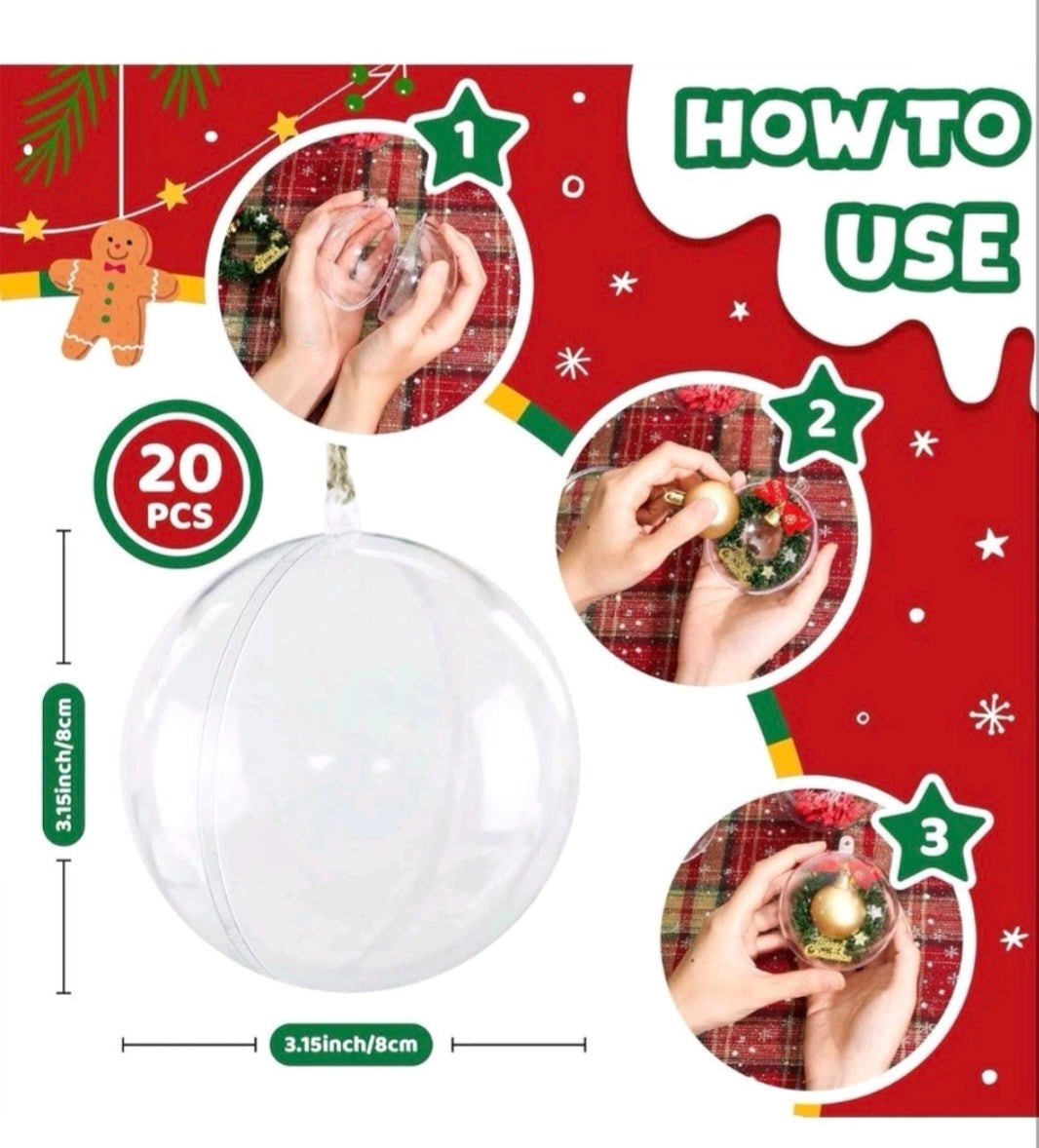 20 PCS Clear Plastic Fillable Balls Ornaments, 3.15 Inch Christmas