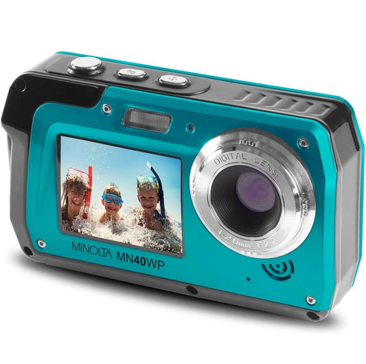 Minolta 48 MP waterproof digital camera with dual screens and 16x zoom in blue and black