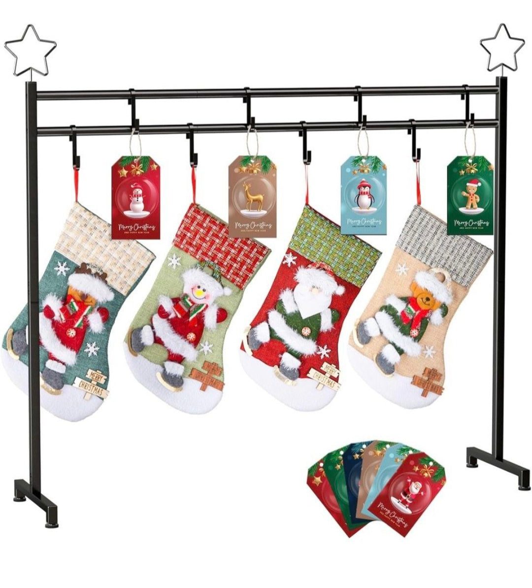 Asxevn Christmas Stocking Holder Stand with 4 Stockings, Metal freestanding Christmas Stocking Hanger with 8 Hooks, Christmas Decorative Gift, Black