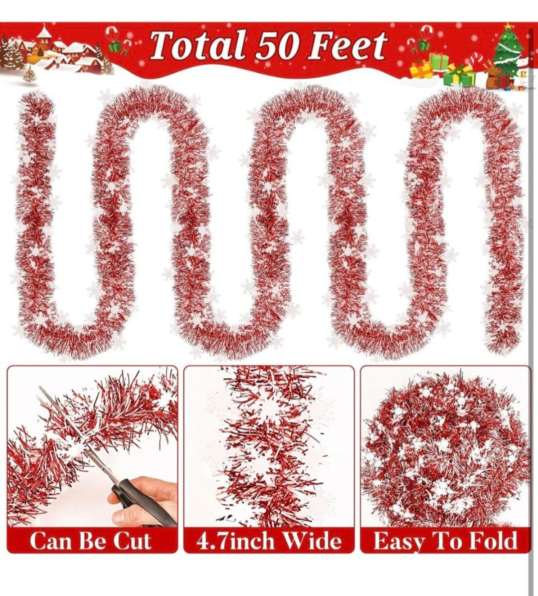 wowscan 50F Red and Snowflake Tinsel Garland )Metallic Twist Shiny Valentine Garland for Xmas Tree Ceiling Hanging Decorations Holiday Wedding Home Party Supplies Indoor Outdoor Decor