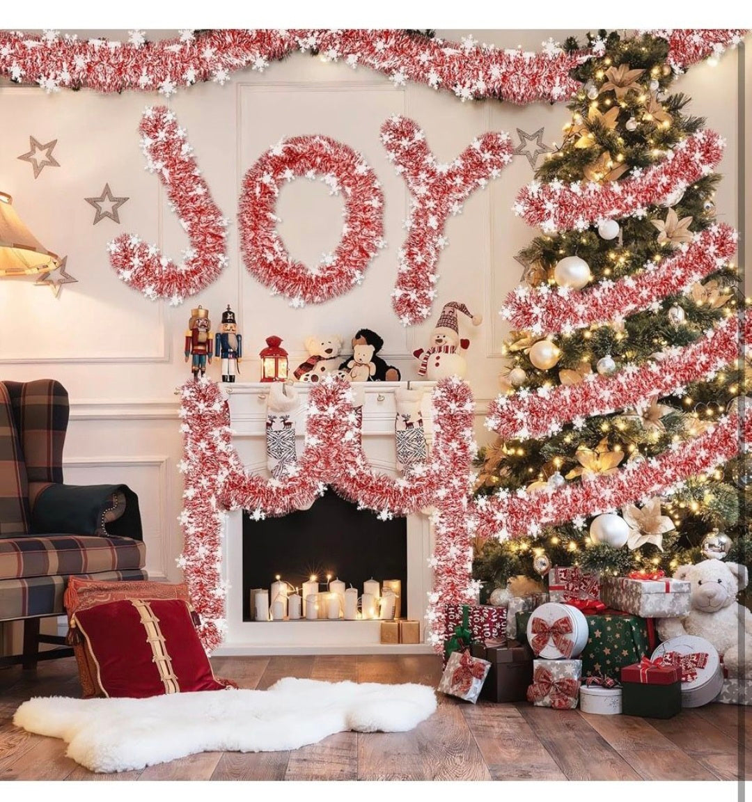 wowscan 50F Red and Snowflake Tinsel Garland )Metallic Twist Shiny Valentine Garland for Xmas Tree Ceiling Hanging Decorations Holiday Wedding Home Party Supplies Indoor Outdoor Decor