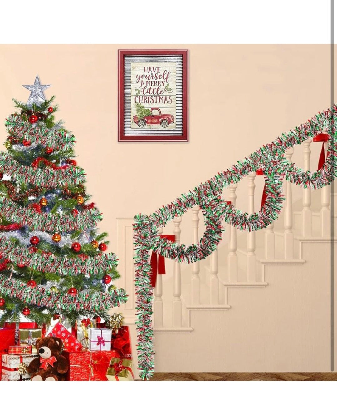 Adisher 50Ft Christmas Tinsel Twist Garland, Metallic Twist Garland Tree Decorations for Christmas Tree New Year Party Birthday Holiday Supplies Indoor and Outdoor Decoration (Red Green Silver)