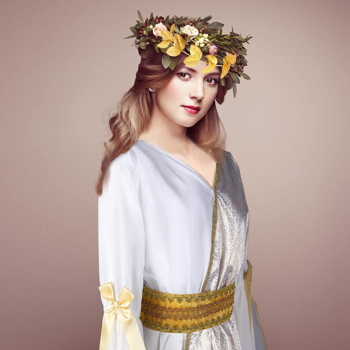 Open Box Geyoga 2 Pcs Greek Goddess Costume Toga Costume Women Halloween Greek Dress with Roman Crown Leaf Wreath