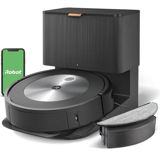 Used iRobot Roomba Combo j5+ self-emptying robot vacuum and mop with smartphone app control and mop attachment shown separately