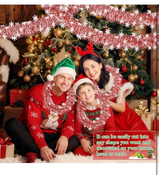 wowscan 50F Red and Snowflake Tinsel Garland )Metallic Twist Shiny Valentine Garland for Xmas Tree Ceiling Hanging Decorations Holiday Wedding Home Party Supplies Indoor Outdoor Decor