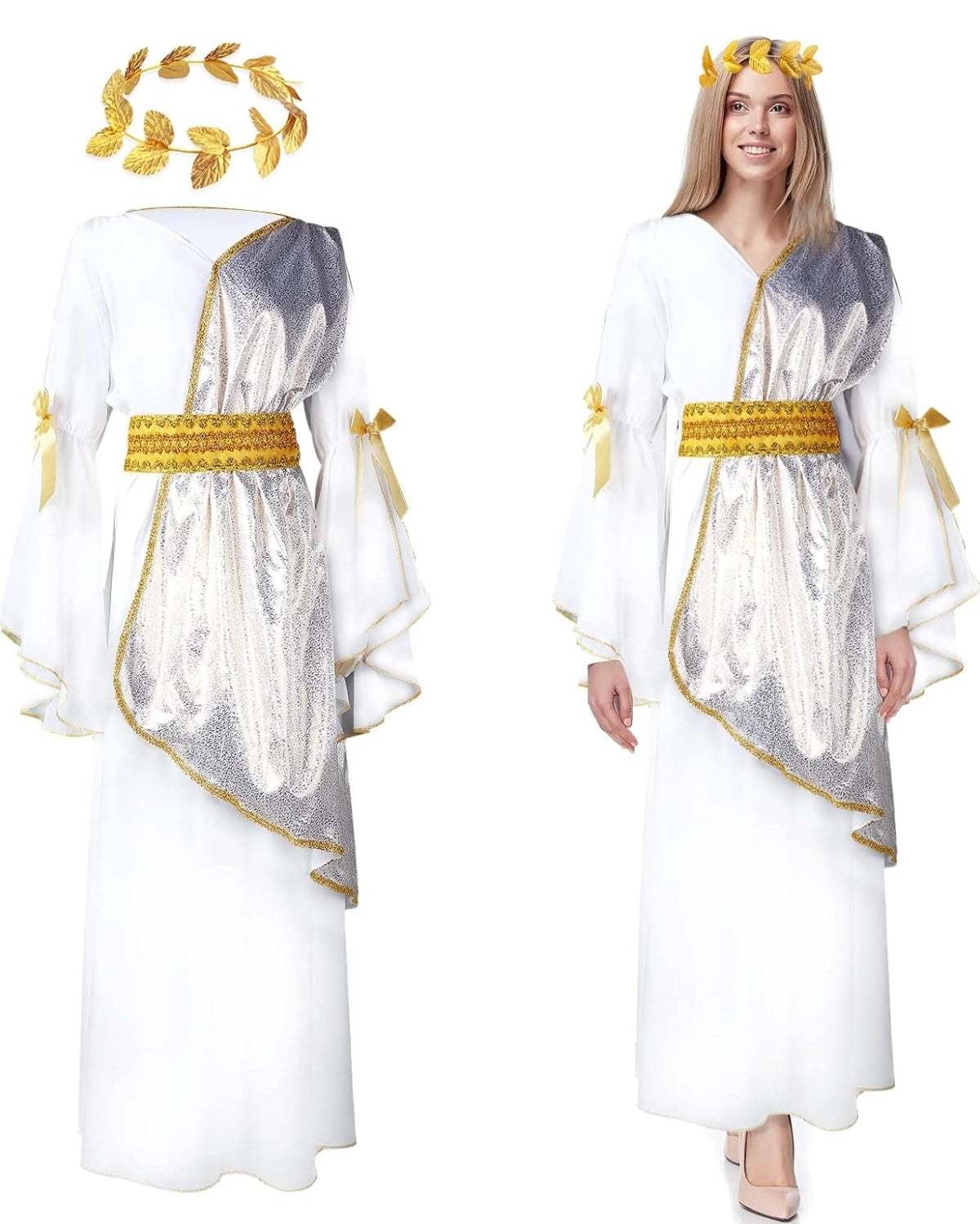 Open Box Geyoga 2 Pcs Greek Goddess Costume Toga Costume Women Halloween Greek Dress with Roman Crown Leaf Wreath