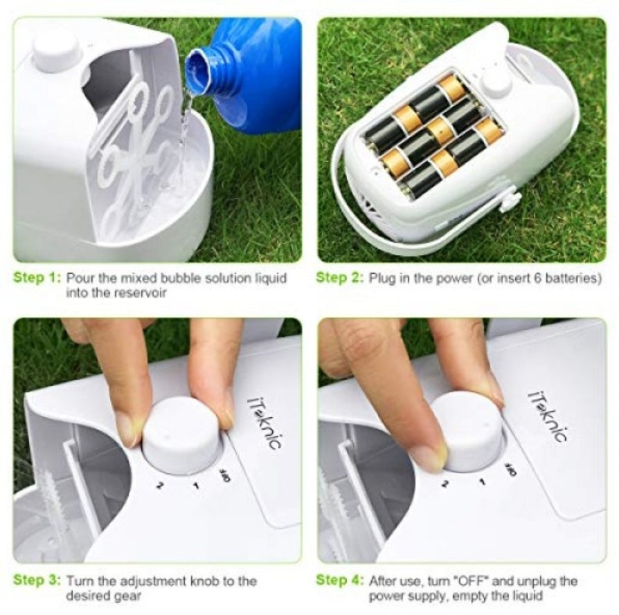 Open Box iTeknic Bubble Machine, Automatic Bubble Blower, Portable Auto Bubble Maker with High Output for Outdoor/Indoor Use,Powered by Plug-in or Bat