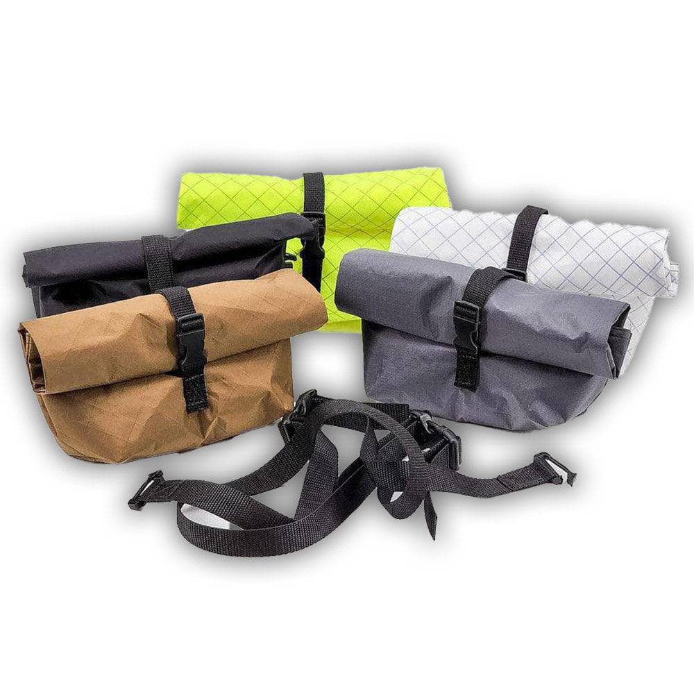 Roll Top Fanny Pack made of ultralight recycled ECOPAK fabric in various colors with detachable belt systems and weather-resistant design.