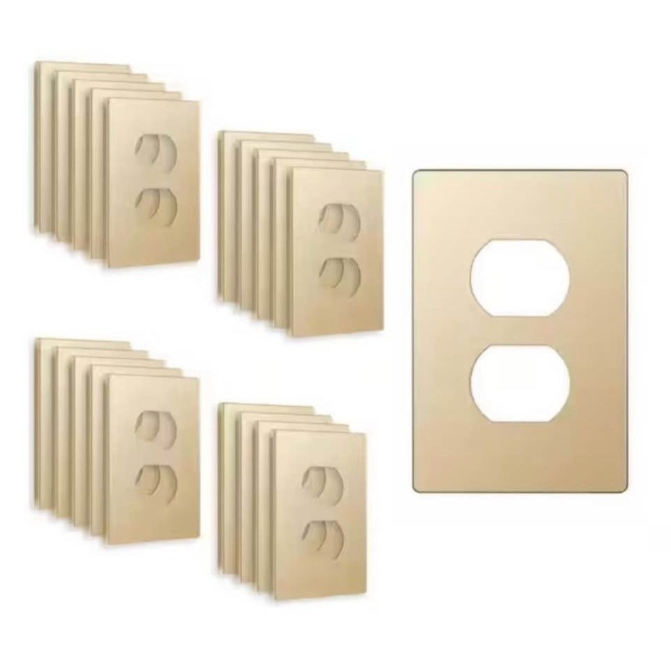 Gold duplex outlet with screwless plastic wall plate 20-pack in sleek gold finish