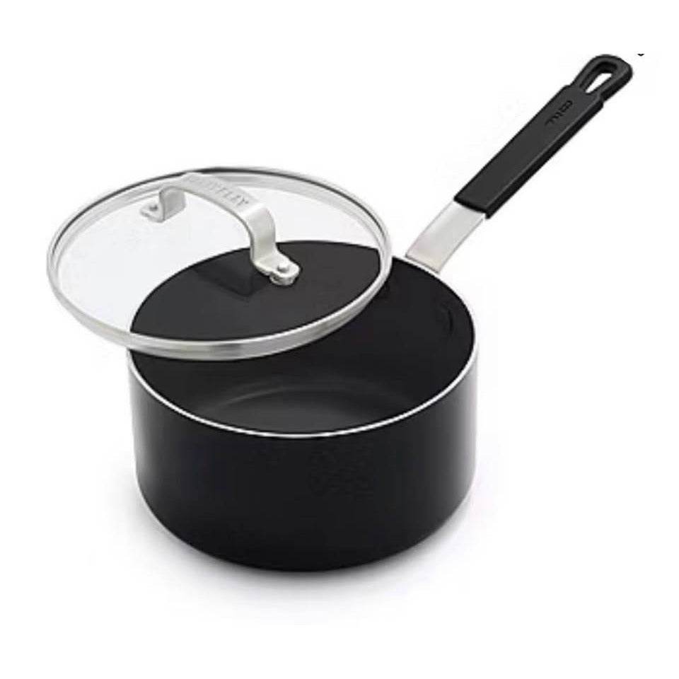 Bobby Flay ceramic nonstick aluminum sauce pan with lid, black, 2.5 quart, dishwasher-safe and induction compatible