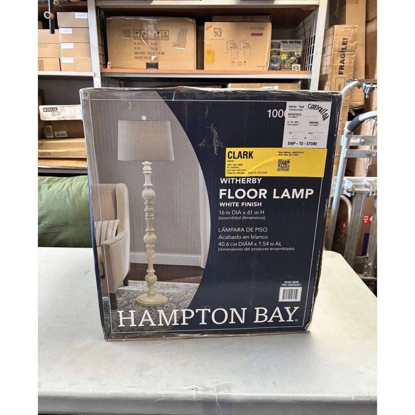 Hampton Bay Witherby 61 in. Shabby White Floor Lamp with Gray Fabric Shade