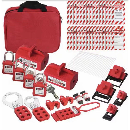 47-piece electrical lockout kit with padlocks, tags, hasps, cable ties, and carrying pouch for workplace safety