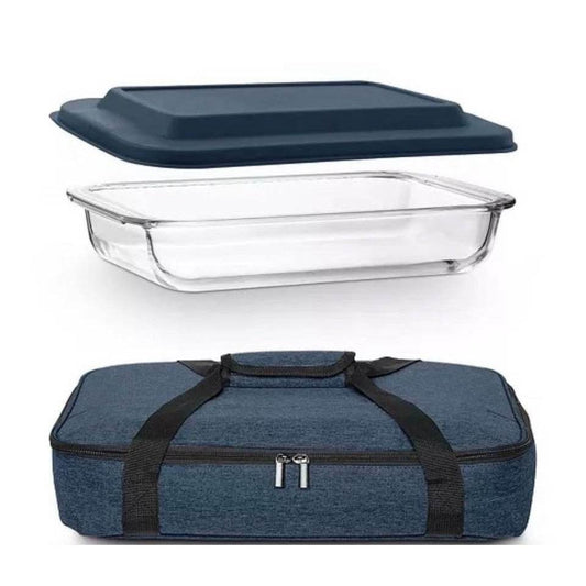Art+Cook 3-pc Bake and Take set with baking dish, polyethylene lid, and carry bag in basketweave pattern