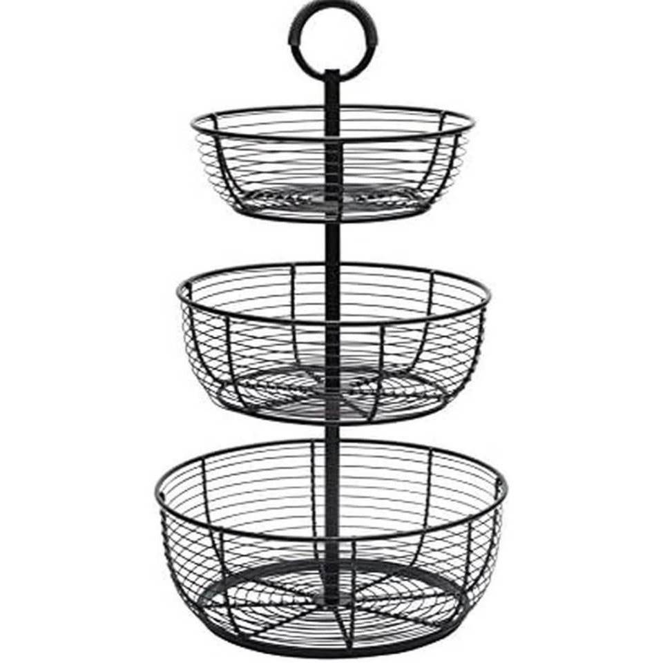 Gourmet Basics by Mikasa 3-tier metal kitchen rack with oil rubbed bronze finish and round baskets