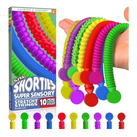 Set of 10 colorful stretchy sensory strings fidget toys for kids in open box