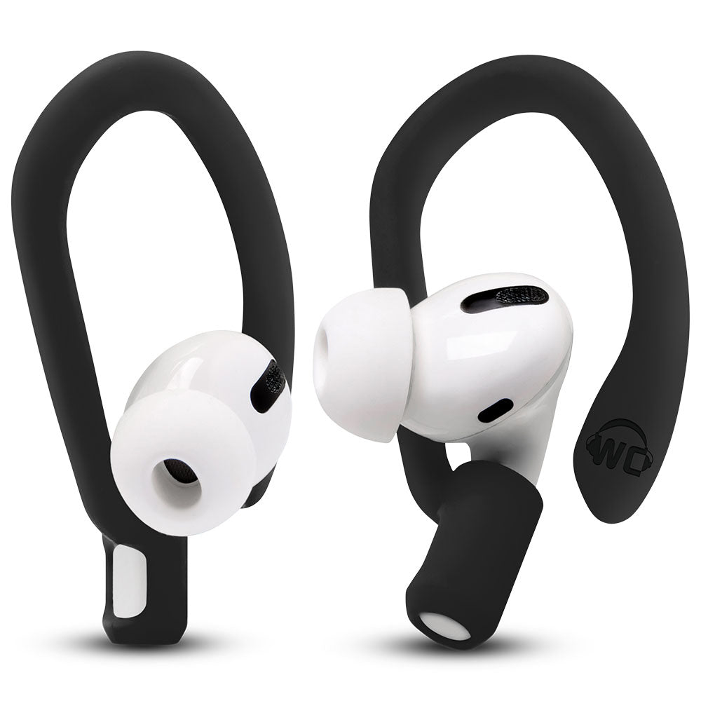 Black silicone over ear hooks securely fit Airpods Pro and Airpods 1, 2, 3 for comfortable and durable wear.