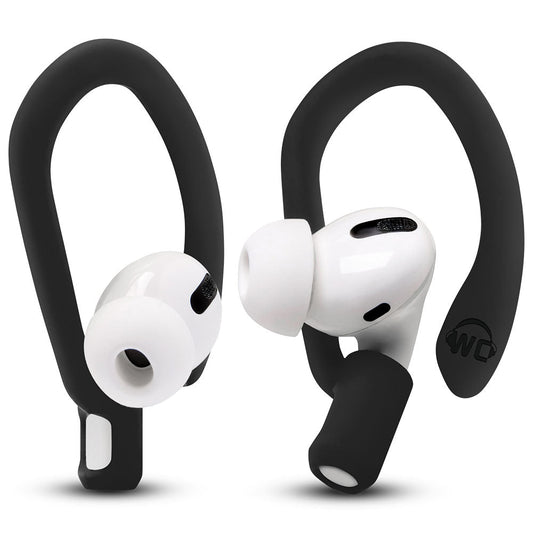 Black silicone over ear hooks securely fit Airpods Pro and Airpods 1, 2, 3 for comfortable and durable wear.