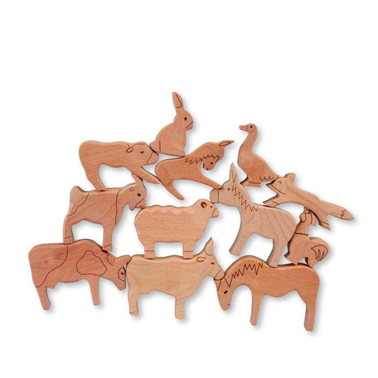 Set of 12 wooden farm animal figures including cow, horse, pig, duck, chicken, and more, crafted for children's play and creativity