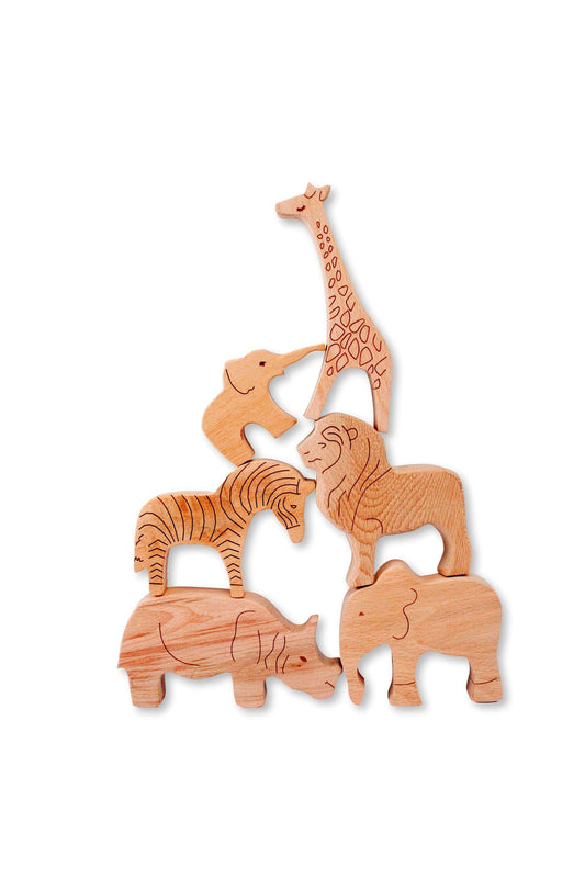 Handcrafted wooden safari animals set including lion, elephant, giraffe, zebra, and rhino for imaginative play and skill development