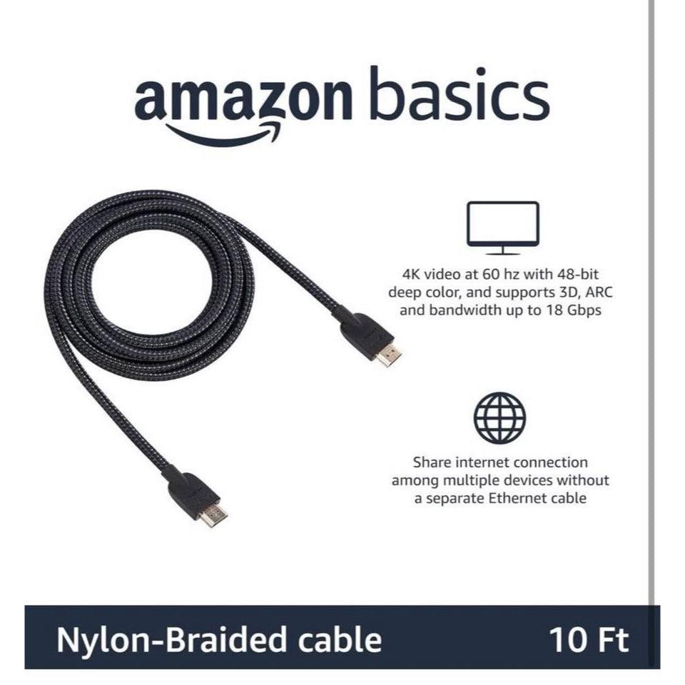 Amazon Basics Nylon-Braided HDMI 2.0 Cable, 10ft, 4K@60Hz, 18Gbps, 2160p, 48 bit, Compatible with TV
