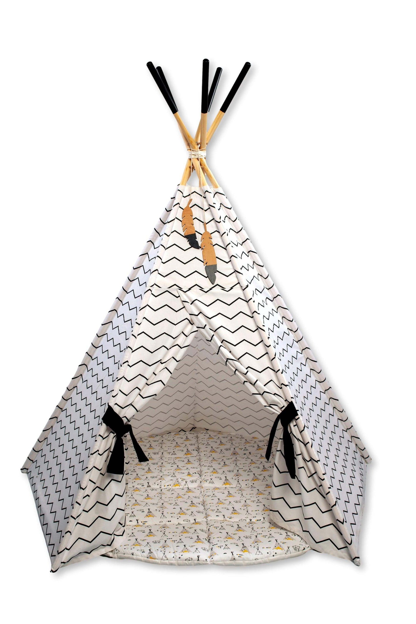 XL teepee tent for toddlers made of natural pine and linen-cotton fabric with matching play mat.