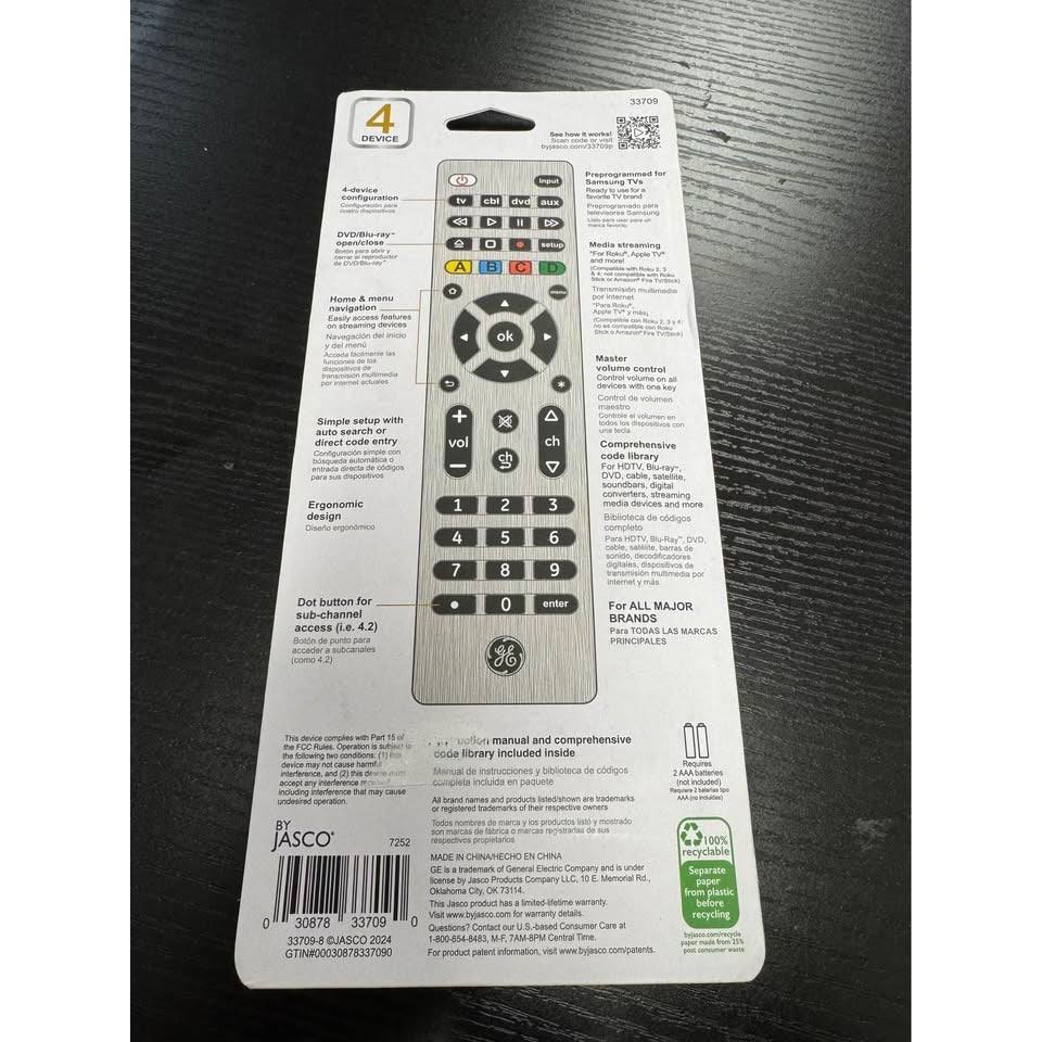 GE 4-Device Universal Remote Control, Designer Series, Brushed Nickel/Silver, 33709