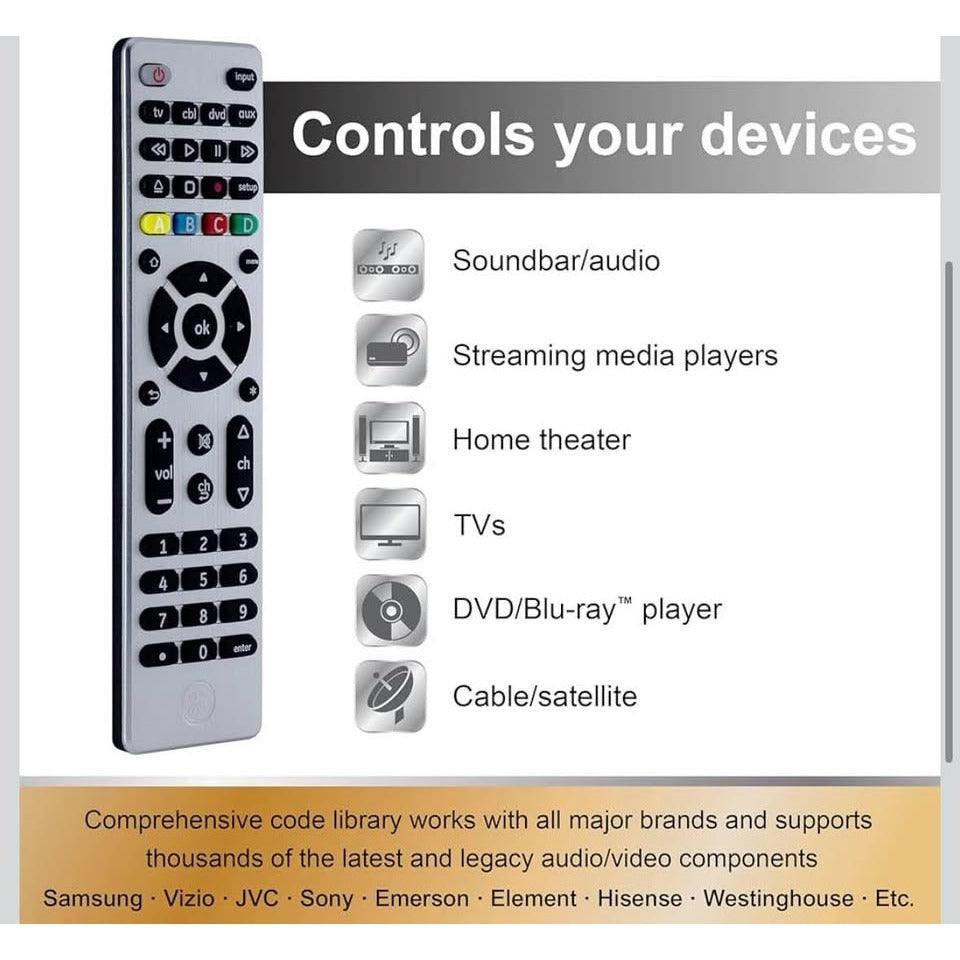 GE 4-Device Universal Remote Control, Designer Series, Brushed Nickel/Silver, 33709