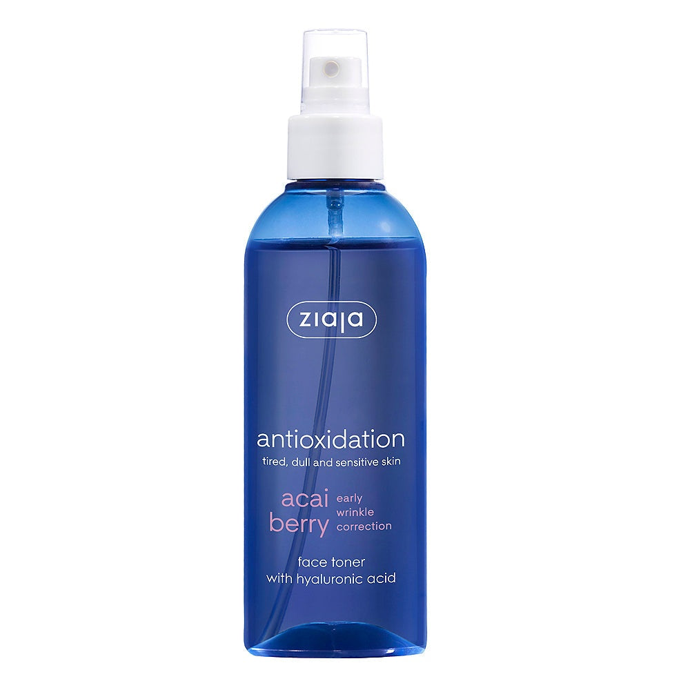 Ziaja Acai Berry Face Toner with hyaluronic acid in blue spray bottle for antioxidant skin care and hydration