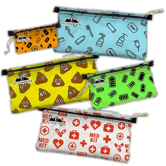 Ultralight zipper pouches in multiple sizes with various colorful patterns, made from waterproof D50T fabric, ideal for organizing outdoor gear and small camping accessories.