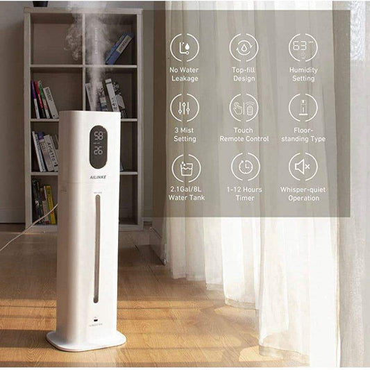 AILINKE 8L ultrasonic humidifier for large rooms with top-fill design, 3-speed humidistat, 2.1-gallon tank, whisper-quiet operation, and remote control.