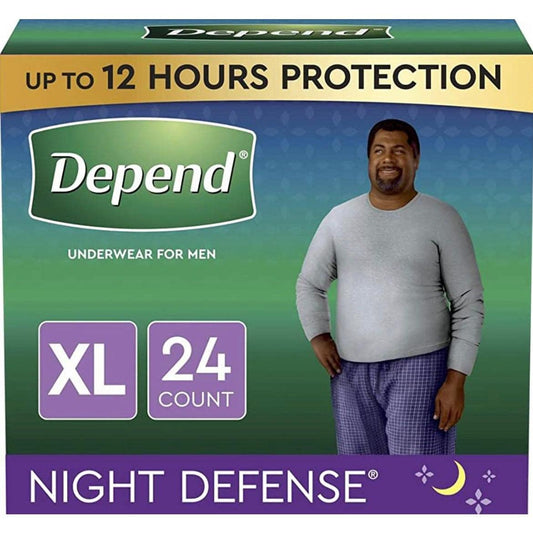 Depend Night Defense XL adult male incontinence underwear package with 24 count for overnight protection up to 12 hours