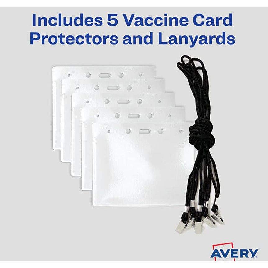 Avery CDC Vaccine Card Holders with Lanyards, 5-pack, landscape orientation.