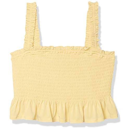 Sleeveless smocked citrus yellow top with ruffled straps and hem in medium size