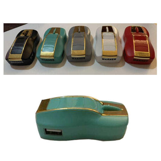 Race car shaped Warner Wireless Premium Type C dual USB wall plugs in multiple colors including black, teal, gray, white, and red