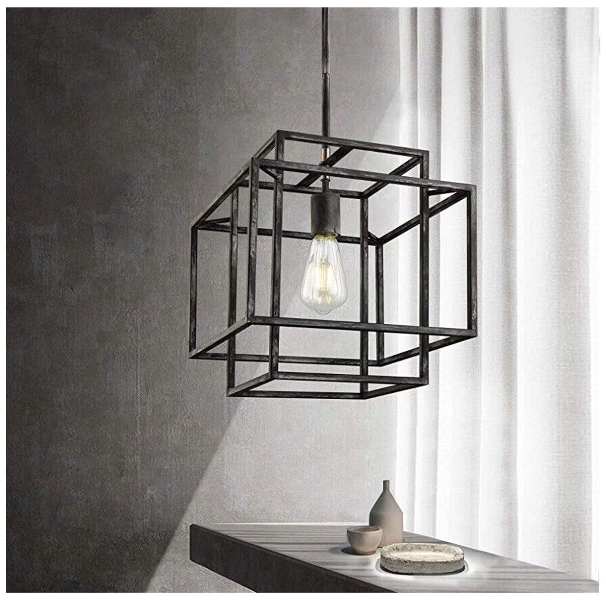 WOCHOS Antique Industrial metal farmhouse chandelier with rustic square cage pendant light hanging over table