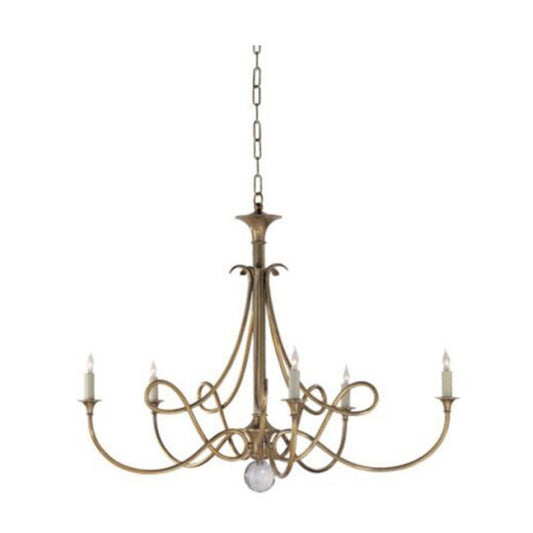Eric Cohler Double Twist 5 Light Chandelier in Antique Brass, candle-style design.