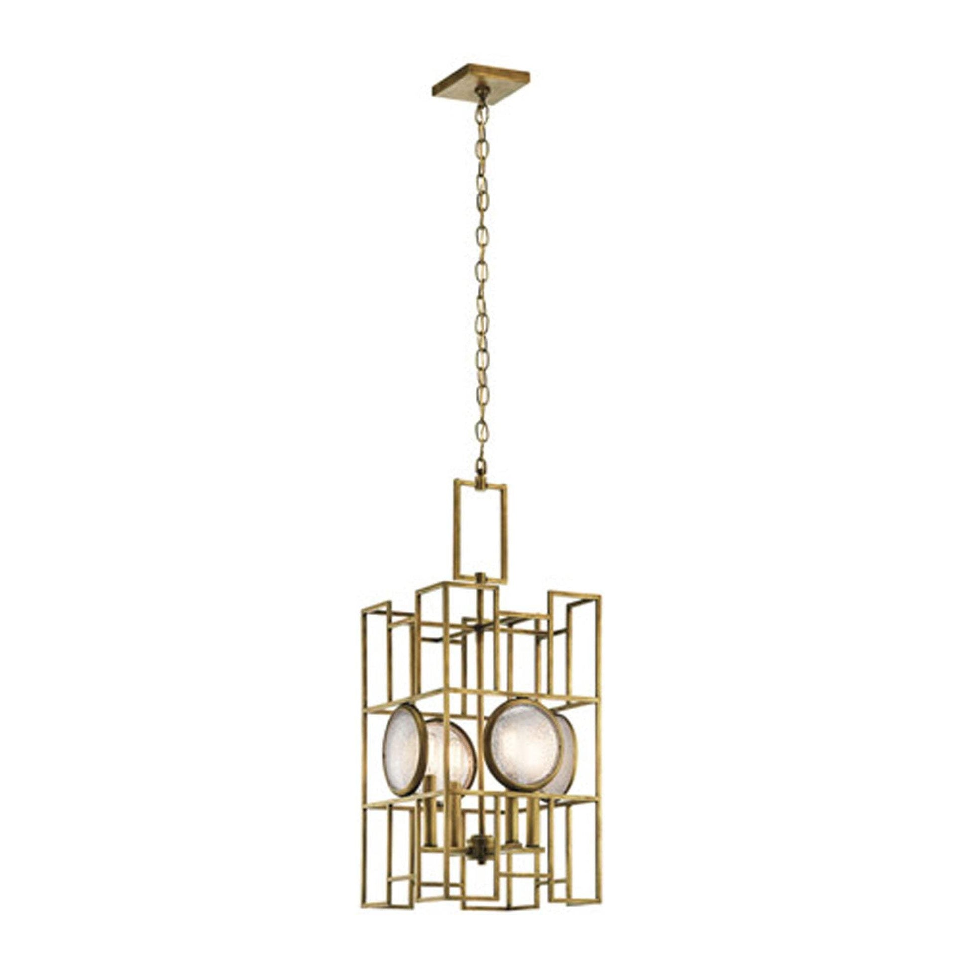 Kichler 43933NBR Vance 4 Light Pendant in natural brass with geometric open grid cage design.