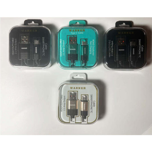 Warner Deluxe Royal Heavy Duty Type C smartphone charging cables in retail packaging