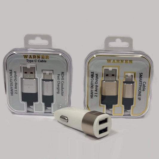 Warner Deluxe Royal USB Type C and Smartphone IP charging cables with dual USB car charger in blue and gold packaging