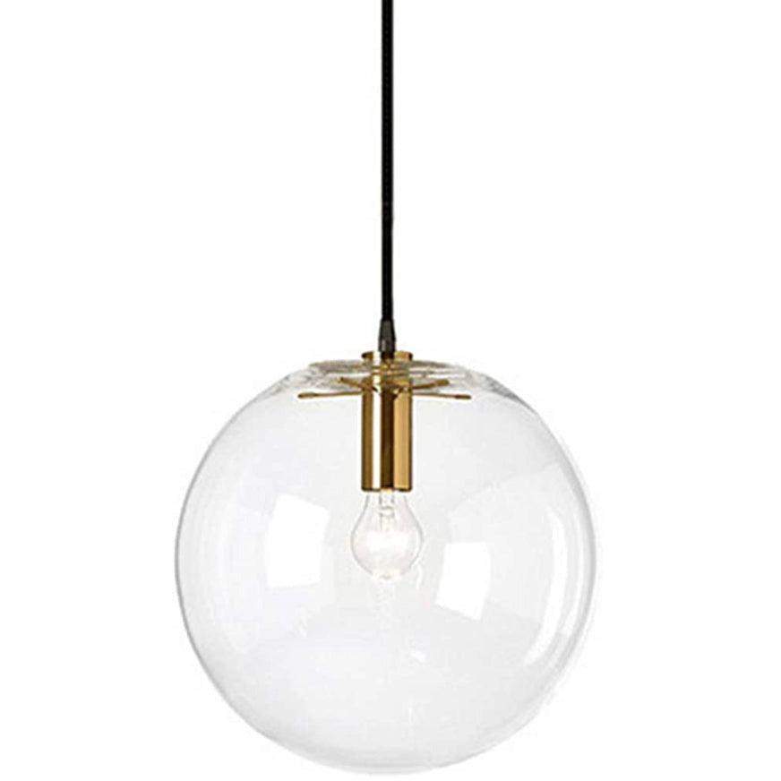 Brikey spherical clear glass pendant light with gold head and loft design.