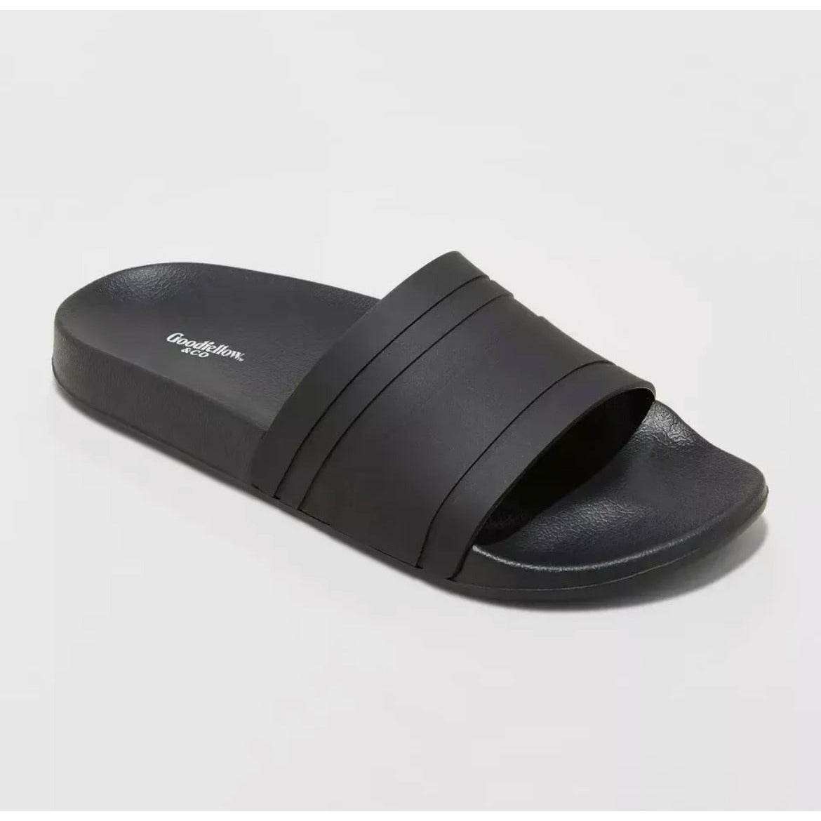 Ricky Slide Sandals by Goodfellow, men's slip-on sandals with wide strap and contoured footbed for comfort and support.