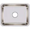 Elkay Lustertone single basin stainless steel kitchen sink with basket strainer, undermount installation.