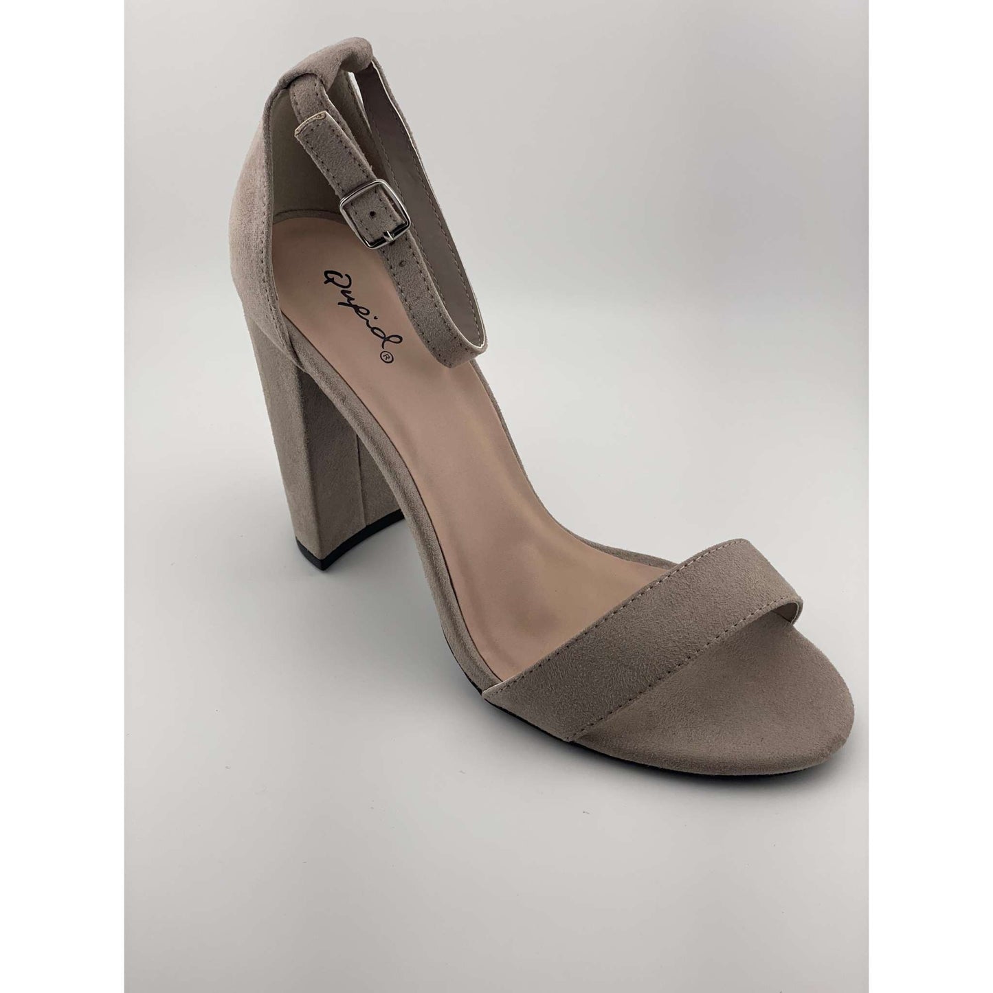 Qupid Women's Single Sole Sandal with Chunky Heel in beige.
