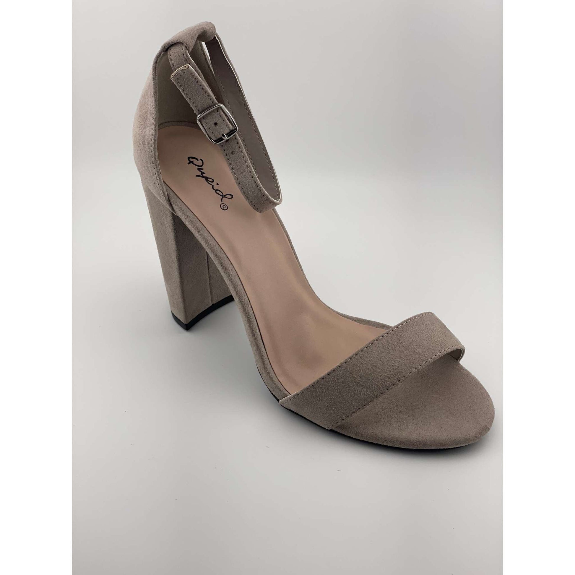 Qupid Women's Single Sole Sandal with Chunky Heel in beige.