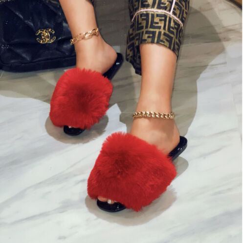 ANNA RENEE red fur jelly slides, wide fit, man-made material.