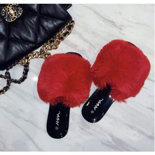 ANNA RENEE FUR JELLY SLIDES -RED or Pink - Selzalot