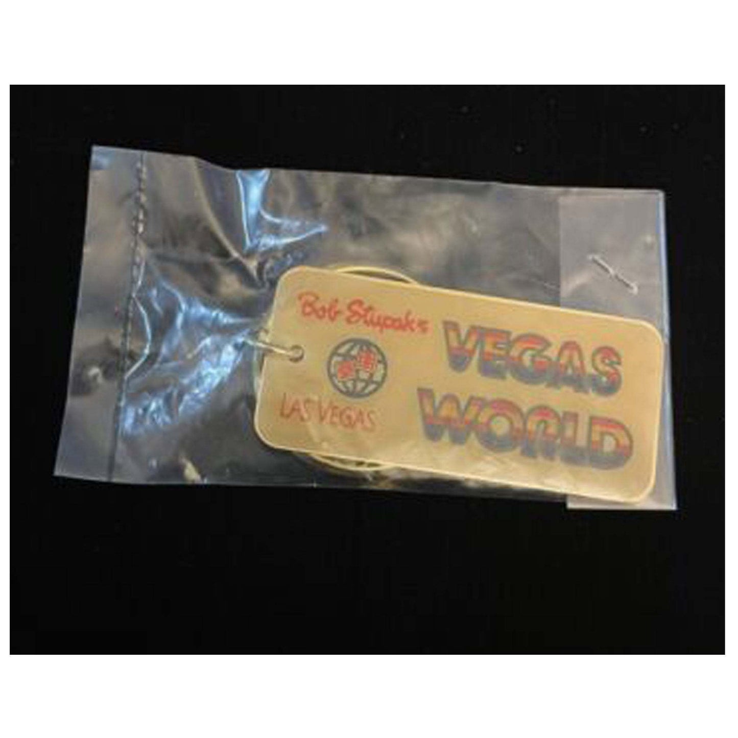 Bob Stupak's Vegas World Casino Las Vegas keychain with rainbow text in plastic packaging