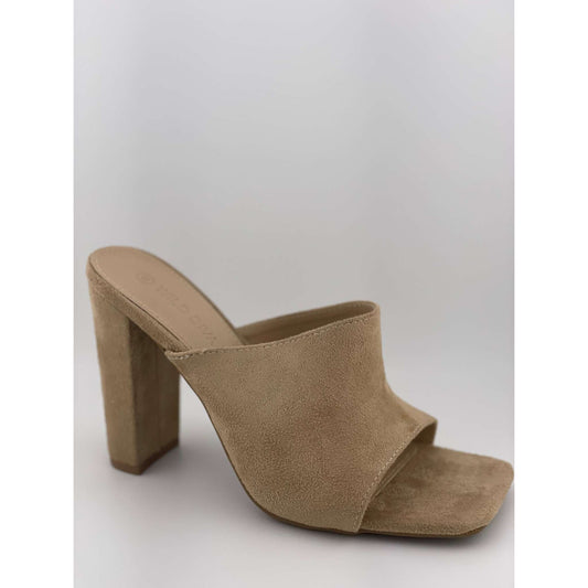 WILD DIVA LOUNGE natural faux suede open toe high heel mule shoes